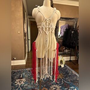 Original GoodVibeGoda Handmade Macramé Fringe Harness with Red Accents